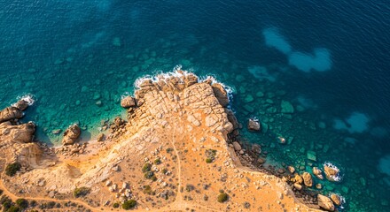Obraz premium Aerial view of rocky coastline with clear turquoise water in Cyprus landscape