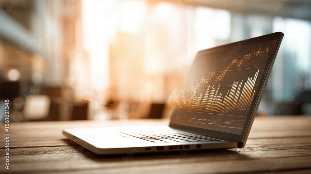 Poster modern laptop on wooden desk in bright workspace with financial graphs display.