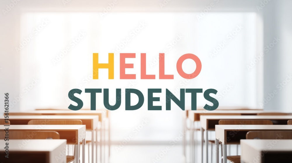 Poster Bright modern classroom with rows of desks and colorful hello students sign.