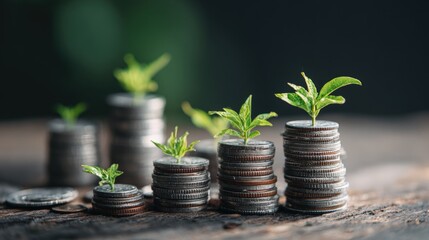 Diverse group of coins stacked with small green plant sprouts growing on top representing savings growth and financial investment concept.