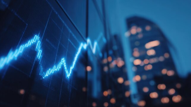 Modern financial stock market chart displayed on digital screen with cityscape background.