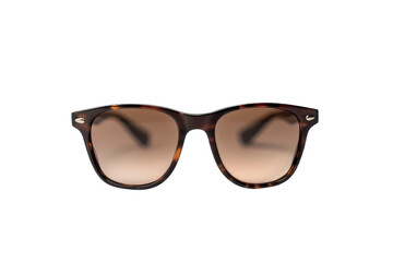 Stylish brown sunglasses with cat-eye frame isolated on white background