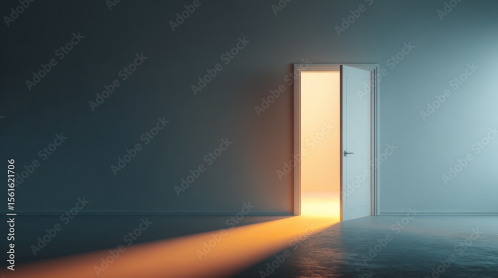 Poster Empty Room with Open Doorway Illuminated by Bright Light Creating Shadow Effects.