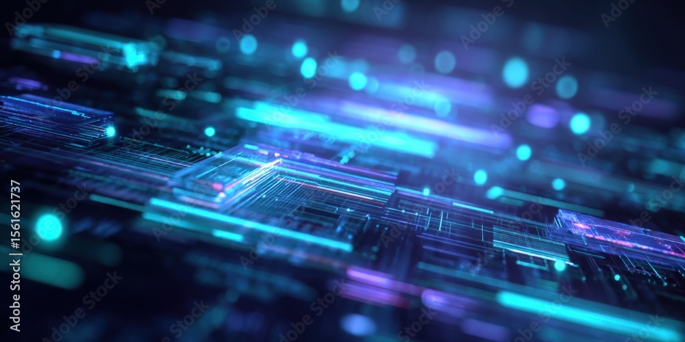 Poster Futuristic digital technology concept with glowing circuit boards and data streams.