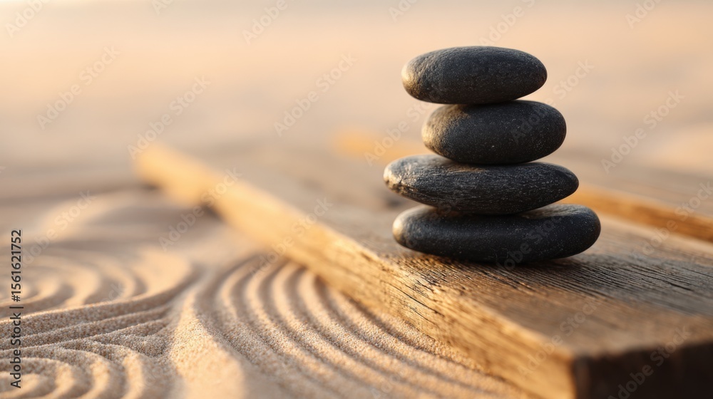 Poster stack of smooth black stones balanced on a wooden plank with blurred background.