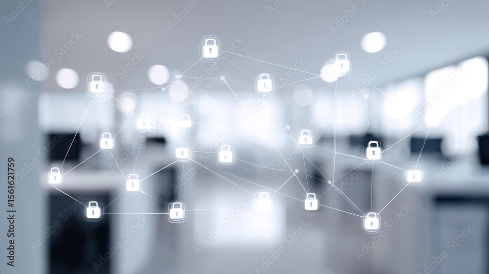 Poster Modern digital security network with interconnected lock icons representing cybersecurity concepts.