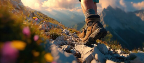 Adventurous hiker exploring mountain trail with rocky path and scenic landscape.