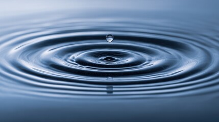 Close-up of a single droplet creating ripples on calm water surface in natural setting.