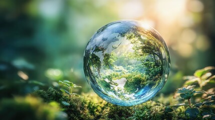 Reflective glass globe surrounded by lush green forest and vibrant natural scenery.