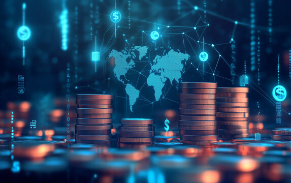 Stacks of coins with a world map and digital network overlay in blue tones