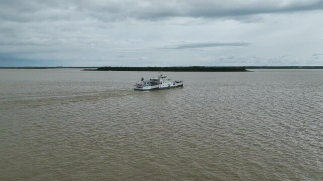 Ferry from Blaye from a drone, Blaye, Gironde Estuary, France, Europe