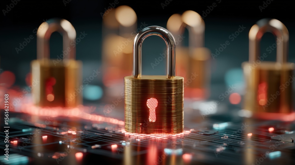 Poster Close up of gold padlock symbolizing security protection and data privacy on digital device.
