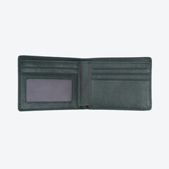 Genuine leather fashionable black wallet for men's isolated on a white background. A professional and stylish look. top view of black leather wallet. banknotes and put card inside the wallet