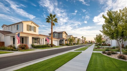 Suburban residential neighborhood with modern houses palm trees and sidewalks.