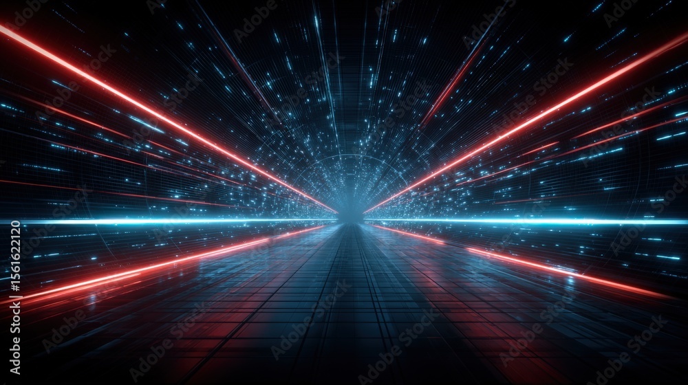 Poster Futuristic digital tunnel with glowing lines and dynamic motion effects in neon blue and red.