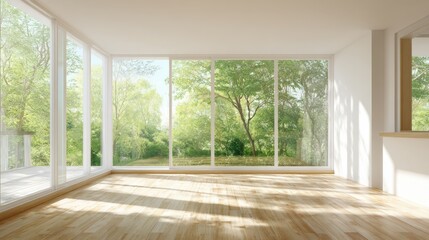 Fototapeta premium Bright spacious empty room with large floor to ceiling windows and green outdoor view.