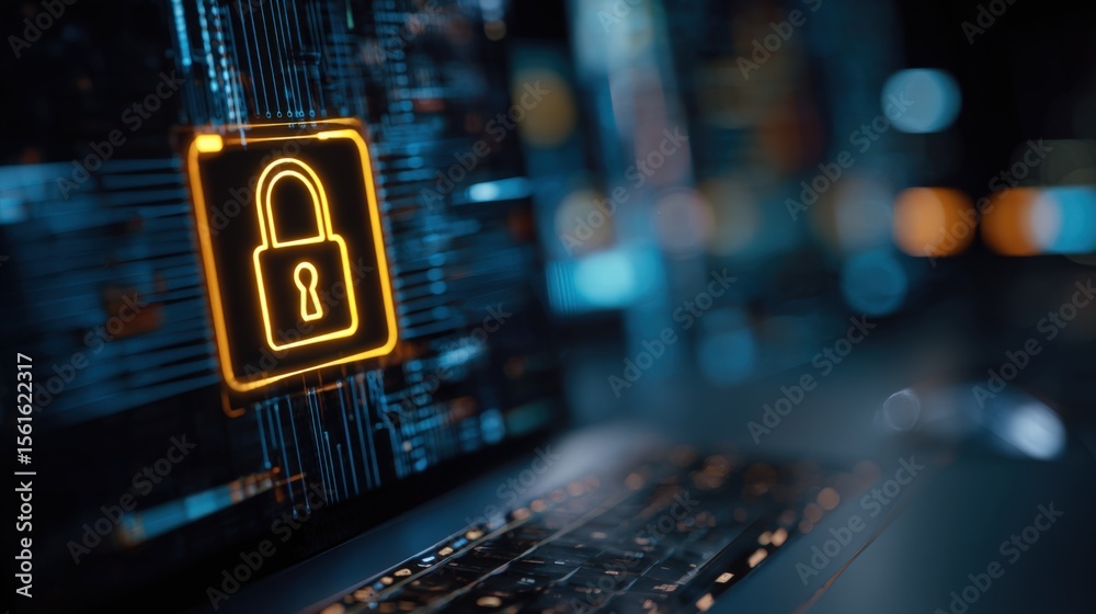 Poster Digital cybersecurity concept with glowing padlock symbol on futuristic computer screen.