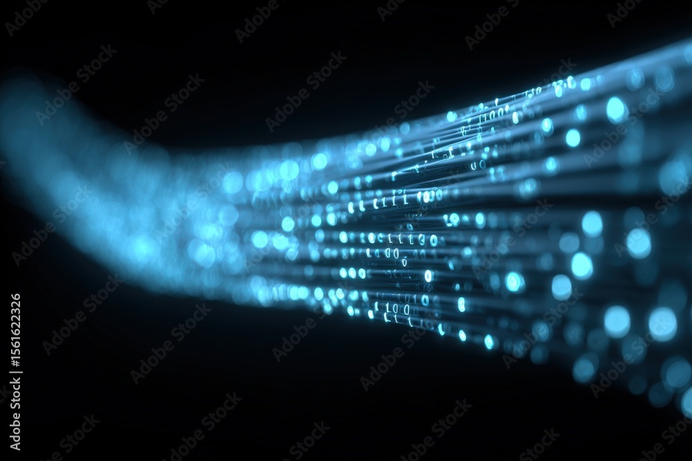 Poster Abstract digital data stream with glowing blue lines and sparkling particles.