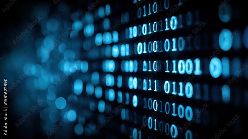 Poster Digital binary code data stream with glowing blue numbers and futuristic technology.