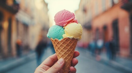 Hand holds colorful ice cream cone in a city on a summer day