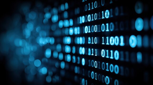 Digital binary code data stream with glowing blue numbers and futuristic technology. - Powered by Adobe