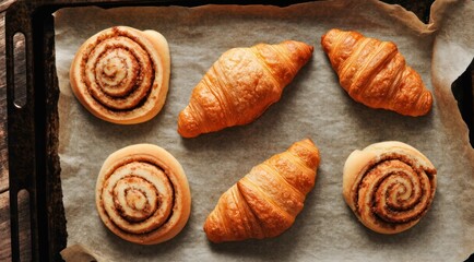 Fototapeta premium Fresh pastries on a baking sheet, ready to eat
