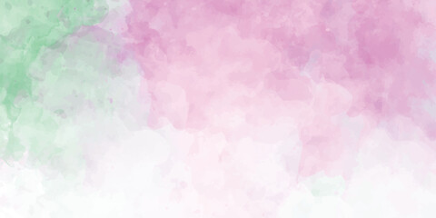 Colorful watercolor background of abstract sunset sky with puffy clouds in bright rainbow colors of pink green blue yellow