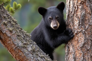 Black bear cub clings to a tree trunk surrounded by foliage