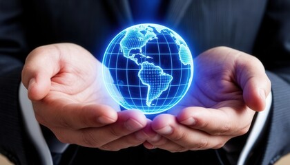 businessman in a suit holds a glowing holographic globe in his hands. The globe displays continents and is illuminated in blue tones.