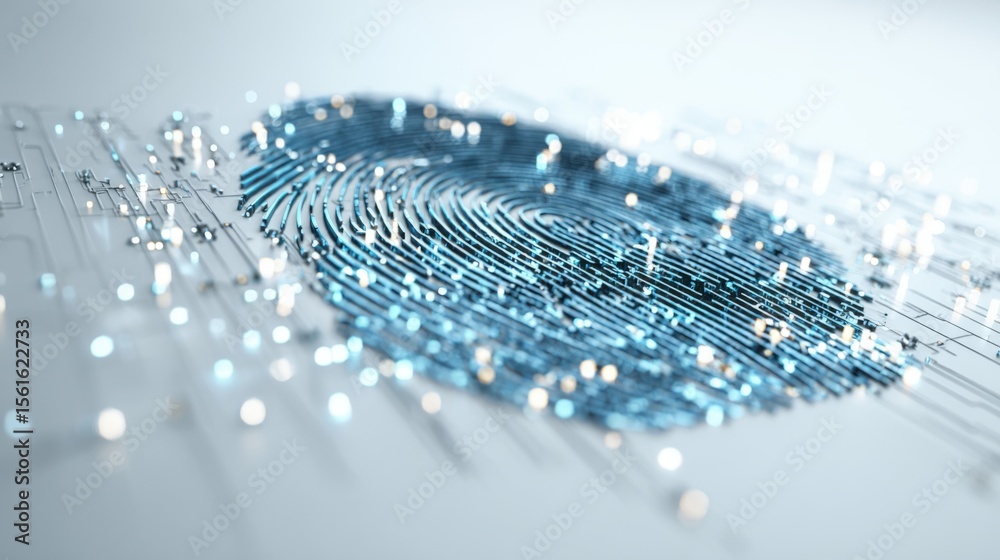 Poster Close-up of a detailed digital fingerprint made of blue circuit lines and glowing points on a white background.