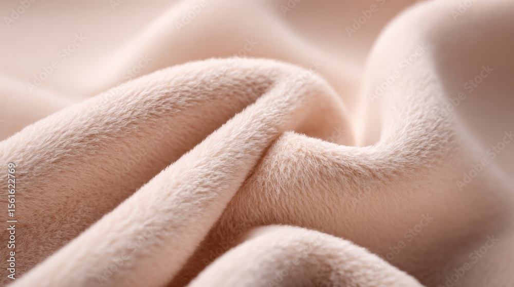 Poster ultrashort close up of luxurious soft beige velvet fabric with folds and smooth texture.