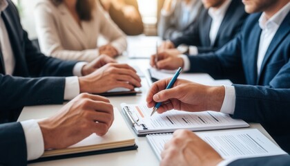 group of diverse business professionals engaged in a meeting. Hands are seen writing notes and reviewing documents on a table.