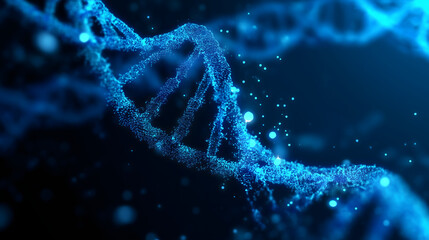Futuristic DNA double helix close up made of glowing blue particles, abstract genetic structure background for molecular biology science research biotechnology innovation and advanced medical technolo