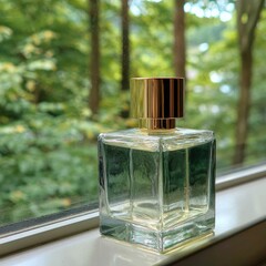 Clear square perfume bottle on windowsill, out-of-focus greenery