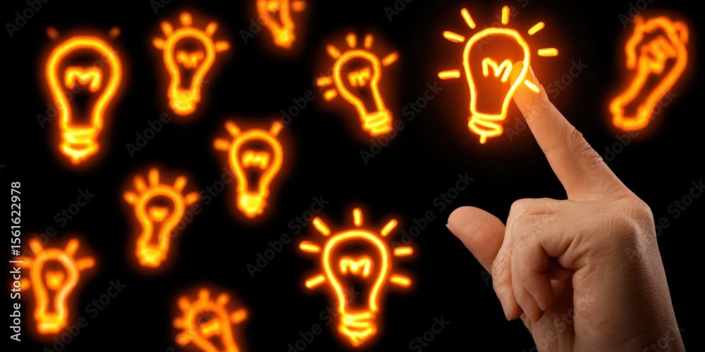 Poster bright glowing light bulbs illustration with a hand reaching out and interacting with multiple illum