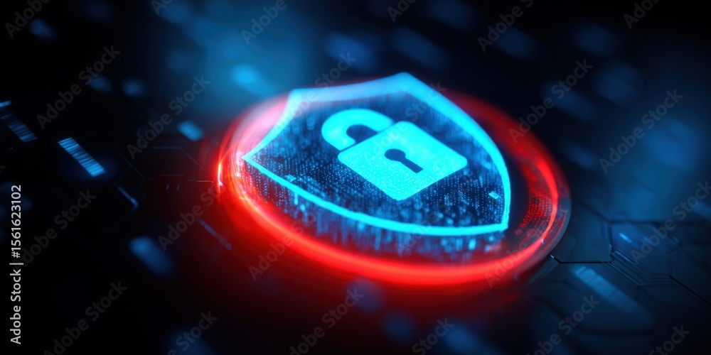Poster Digital security concept with illuminated shield icon and glowing protect symbol.