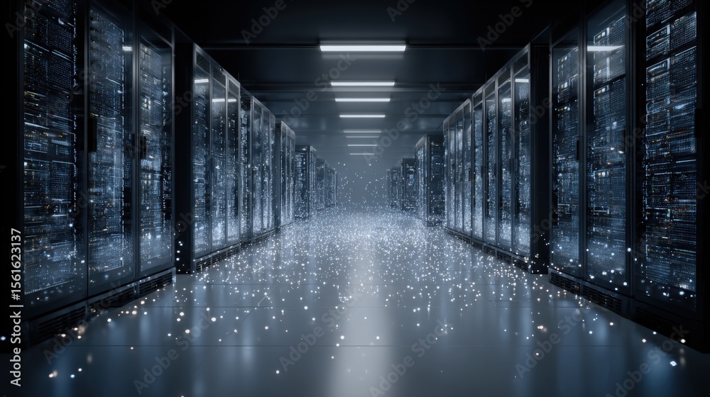 Poster Modern data center hallway with server racks illuminated by blue LED lights and digital data display.