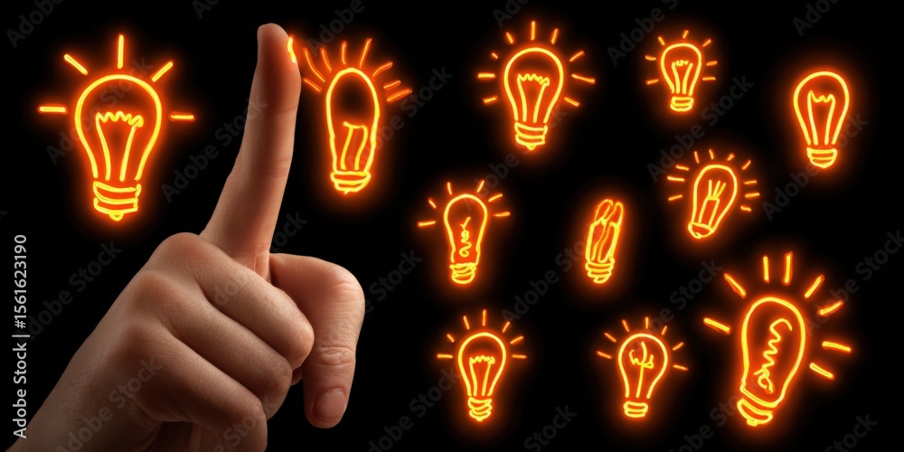 Poster hand with index finger pointing up surrounded by glowing orange light bulbs illustration.