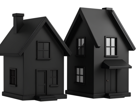 Set of Two Minimalist 3D Black Homes in Glossy Plastic Look, Transparent PNG