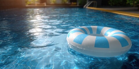 Brightly Colored Pool Float Ring Floating on Clear Blue Water in Backyard Pool Scene.