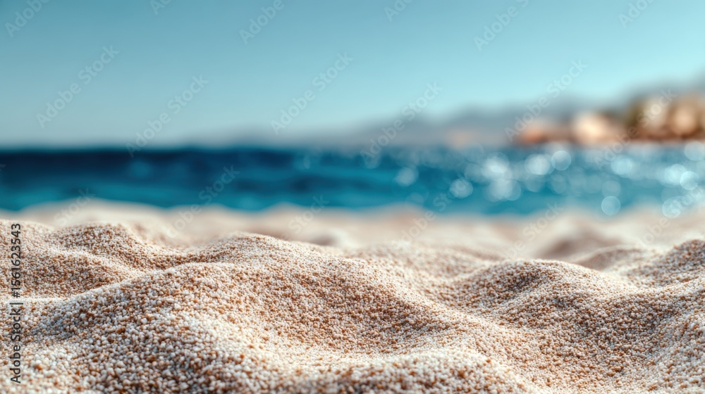 Aufkleber close-up of sandy beach with textured grains and blurred ocean waves in the background during daytim