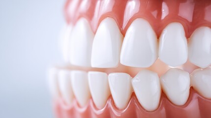 Close-up of human teeth with healthy white enamel and detailed gum line appearance.