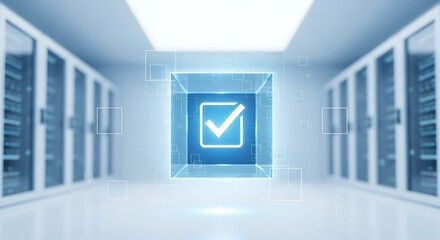 Data center with glowing check mark icon indicating data validation and security confirmation