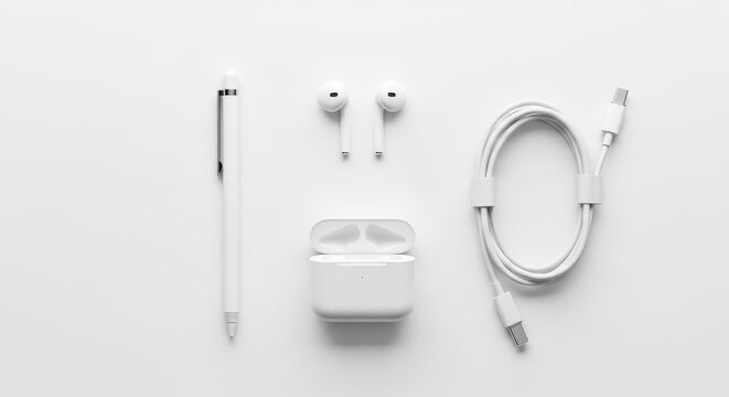 Minimalist White Tech Accessories: Stylus, Earbuds, Charging Cable, and Case
