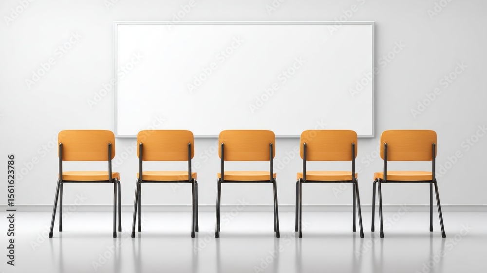 Poster Modern classroom with empty chairs and whiteboard in bright educational setting.