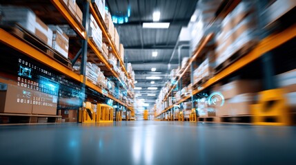 Modern warehouse interior with high shelves and digital storage systems in large distribution center.