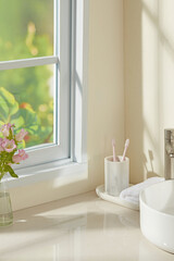 Sunlit bathroom counter with flower vase, cotton swabs, and soap bottle beside a ceramic sink. Warm tones and natural light make it ideal for wellness, hygiene, or beauty product visuals.