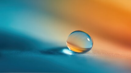 Close-up of a single transparent water droplet on a smooth colorful surface with vibrant reflections.