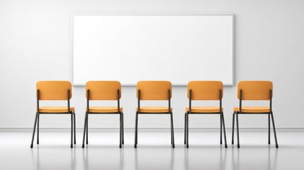 Modern classroom with empty chairs and whiteboard in bright educational setting.