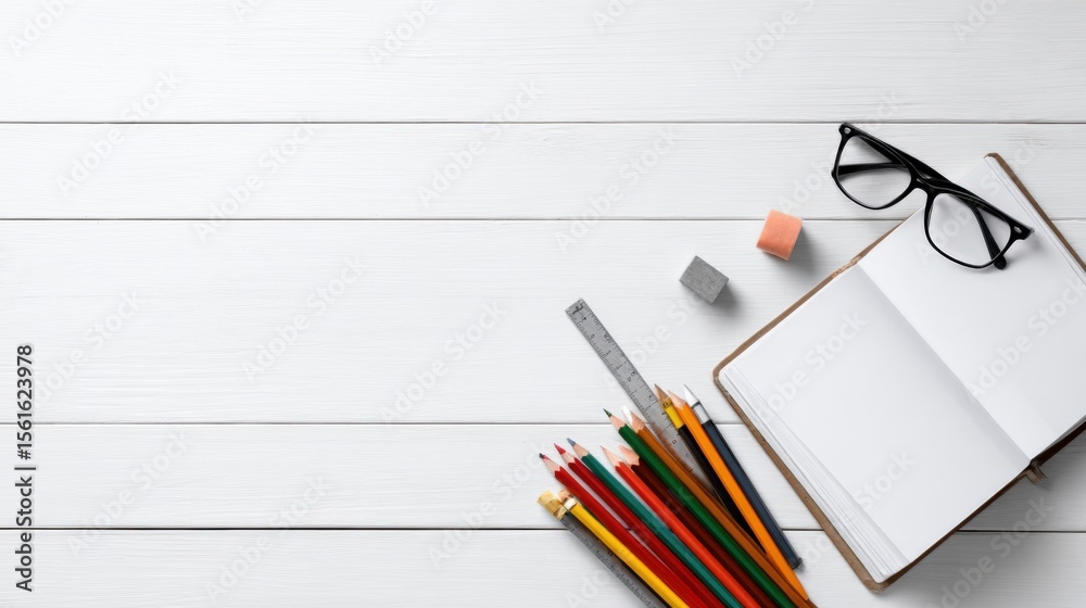 Poster Flat Lay of Open Notebook Glasses Colored Pencils Ruler and Erasers on White Desk.